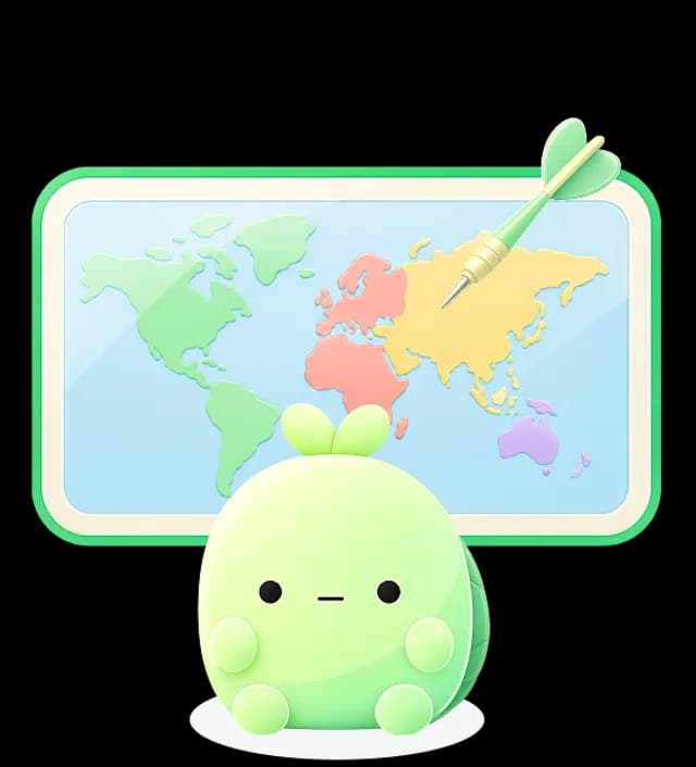 世界地図の的にささったダーツと、その前にすわるキャラクターのにゅーたのイラスト