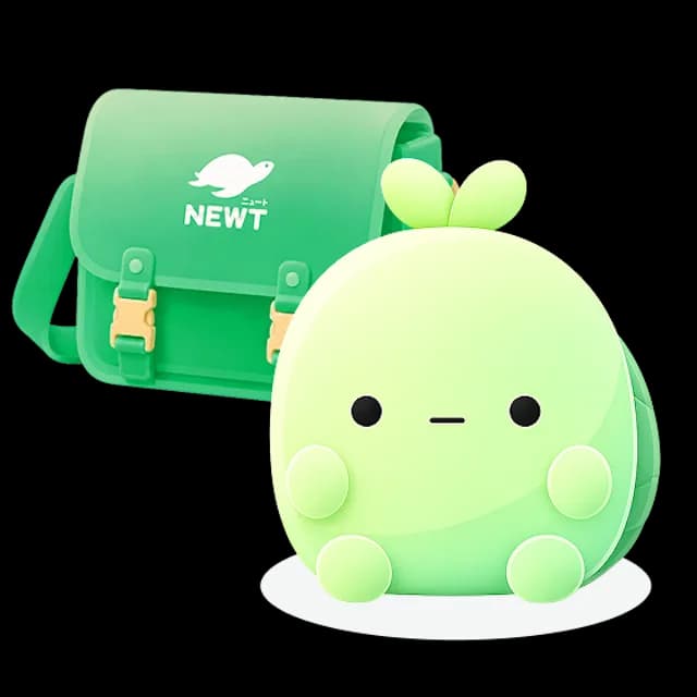 NEWTのロゴが入ったショルダーバッグの前にすわる、キャラクターのにゅーたのイラスト